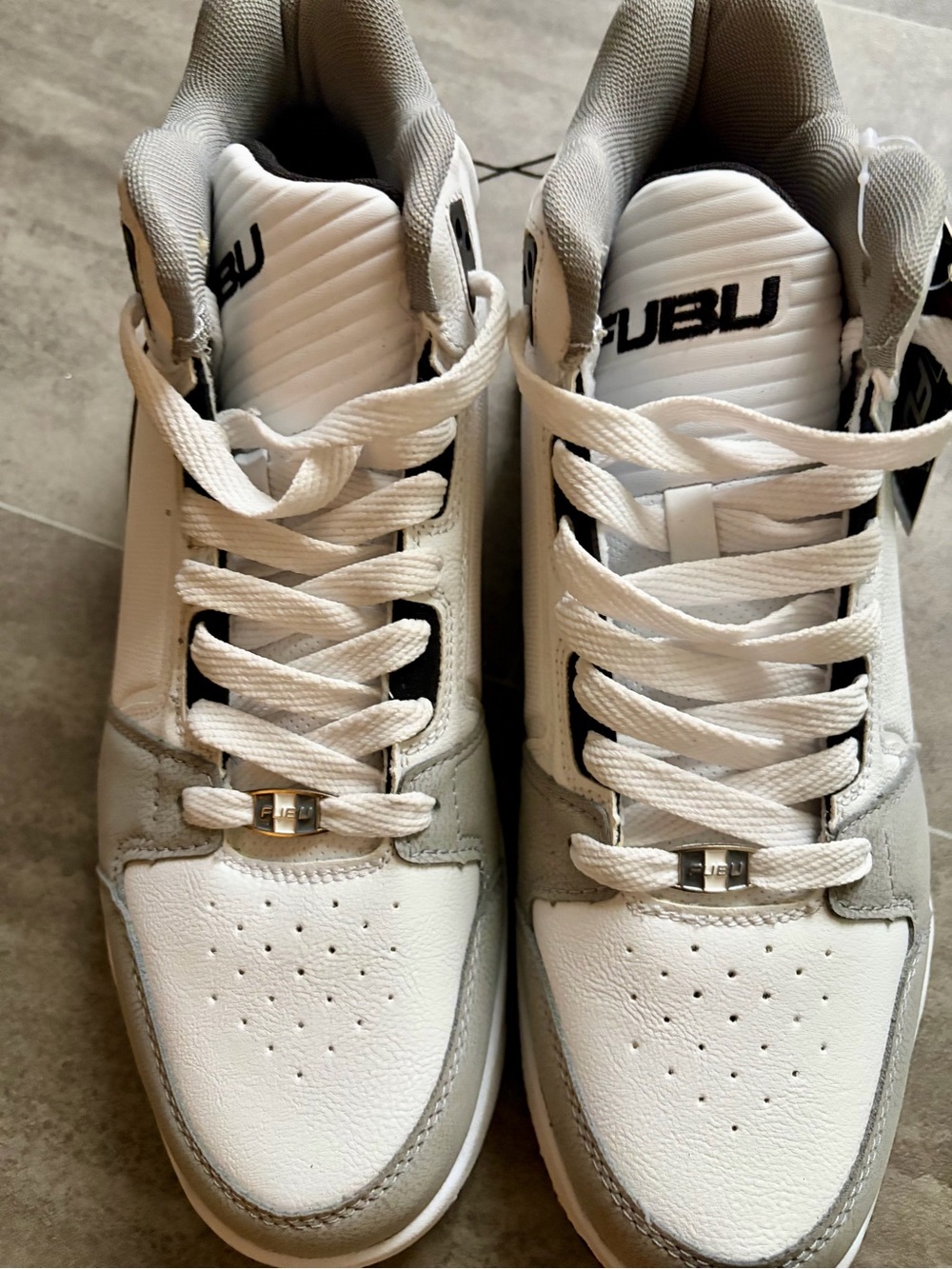 FUBU Men’s White and Gray Low-Top Sneakers with Black Logo